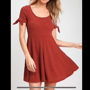 Dark Red Knit Tie-Sleeve Skater Dress